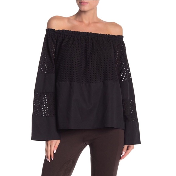 Vertigo Paris Tops - Vertigo Off Shoulder Eyelet Panel Top Bell Sleeve